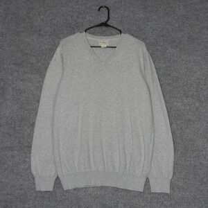 LL Bean Sweater Mens L Light Gray V Neck Cotton Cashmere Warm Casual